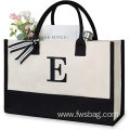 Personalized embroidery logo canvas beach bag tote Eco-friendly cotton customized Alphabet letter shopper shopping bag